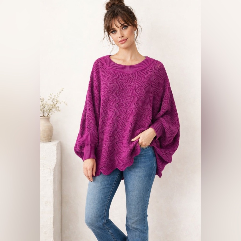 Andrée Oversized Scallop Knit Sweater L Purple Textured Dolman Sleeve Cozy Top